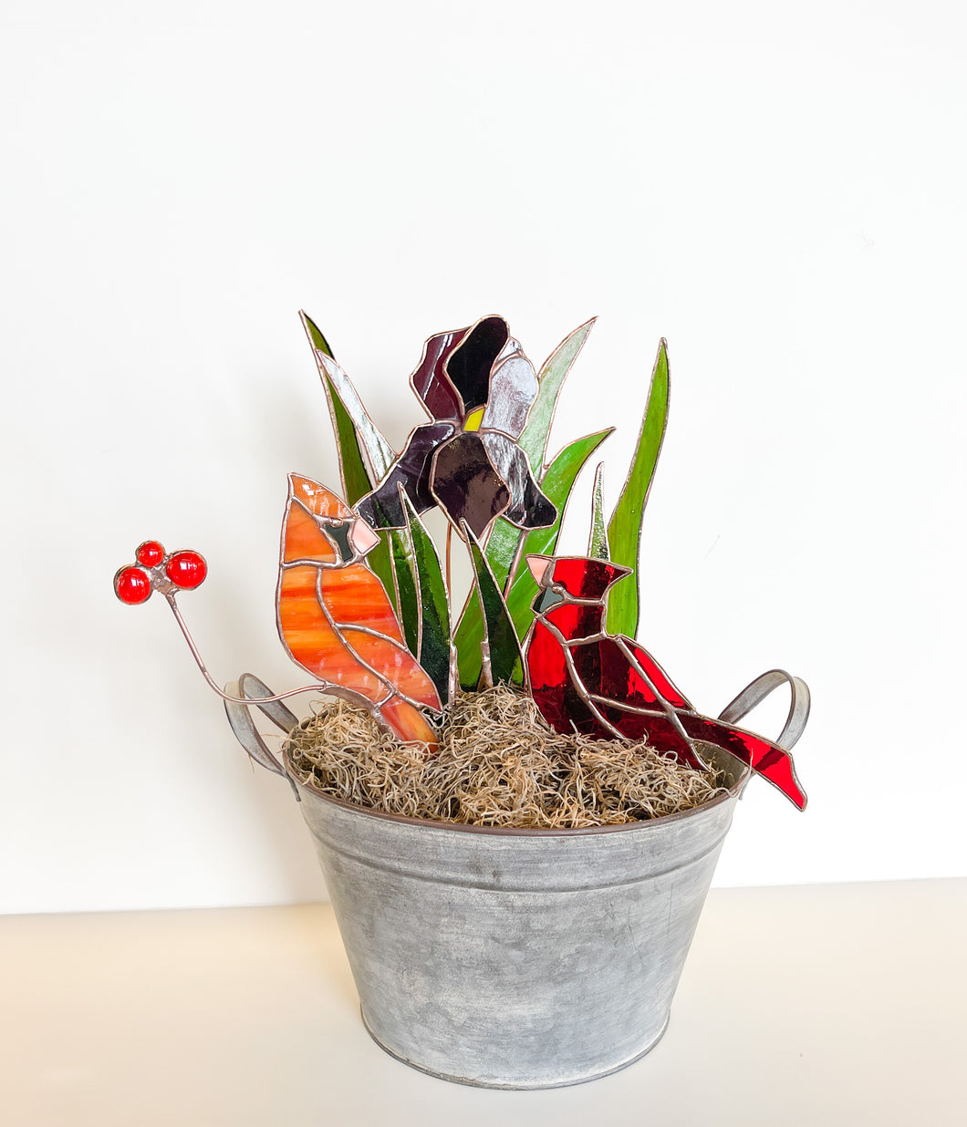 Lovebirds and Iris in Pot