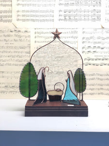 3 Piece Nativity Set with Backdrop on Mahogany Base