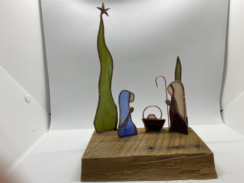 Barn wood Base 3 Piece Nativity Set 2 trees